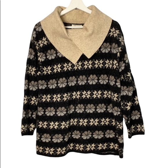 Sisley Made in Italy Relaxed Elegance Fair Isle Wool Wrap Collar Sweater M - Picture 2 of 8
